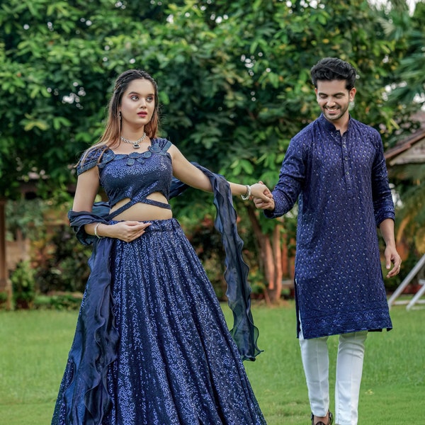 Blue Designer Wedding Party Latest Matching Couple Combo Set Lehenga Choli & Men Kurta Engagement Indian Outfit Navratri New Couple Dresses.