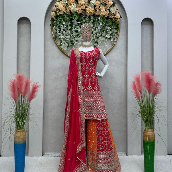 Red Latest Pakistani Kurta Palazzo Sharara Wedding Party Wear Bridesmaid Dresses Women Ready Made Suits Salwar Kameez Indian Ethnic Gharara