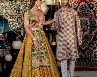 Indian Festive Latest Couple Combo Set Lehenga Choli With Kurta Wedding Party Matching Outfits Designer Couple Engagement Dresses.