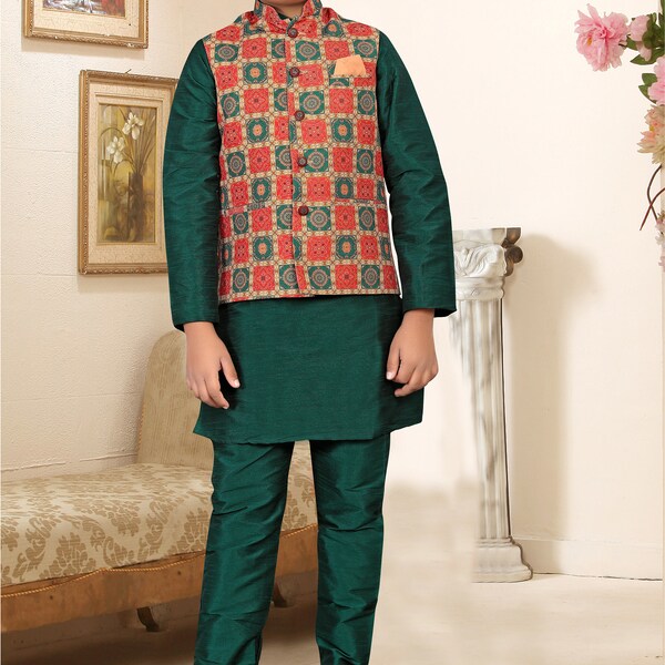 New Heavy And Stylish Silk Boys Kurta and Pyjama With koti Thread Work  Party Heavy Outfits For Kids Wear Boys For UK Clothing