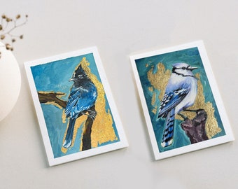 Jay Bird Gouache Painting Bundle / Gouache su carta con foglia d'oro