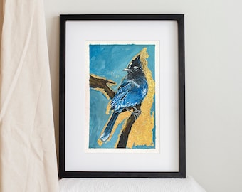 Steller's Jay | Gouache Painting on Paper with Gold Foil | Golden Leaf Foil Small Original Without Frame on Watercolour Paper, Contemporary