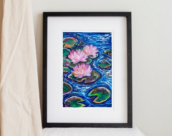 Water Lily Gouache Painting | Without Frame on Watercolour Paper, Contemporary Art, Original Painting on Paper, Colorful Art