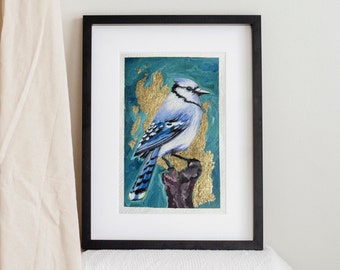 Blue Jay | Gouache Painting on Paper with Gold Foil | Golden Leaf Foil Small Original Art Without Frame on Watercolour Paper, Contemporary