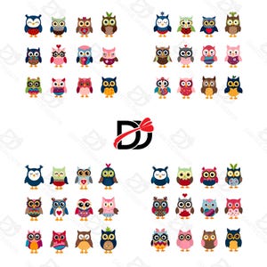 12x12 Inch Cute Owl Clipart Set of 4 PNG - Digital Download