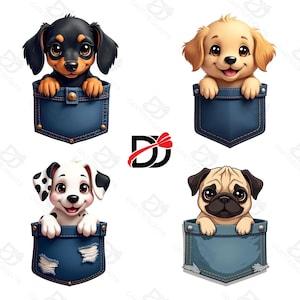 Cute Dachshund Puppy Pocket PNG Set, Cartoon Dog Clipart, Sublimation Design, 4 Files, Commercial Use