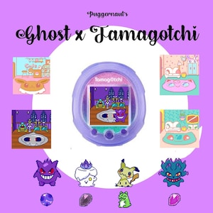 Puede incluir: Un dispositivo Tamagotchi morado con una pantalla que muestra una escena de dibujos animados con un personaje fantasma morado. La imagen incluye varios personajes de dibujos animados y el texto "Ghost x Tamagotchi".