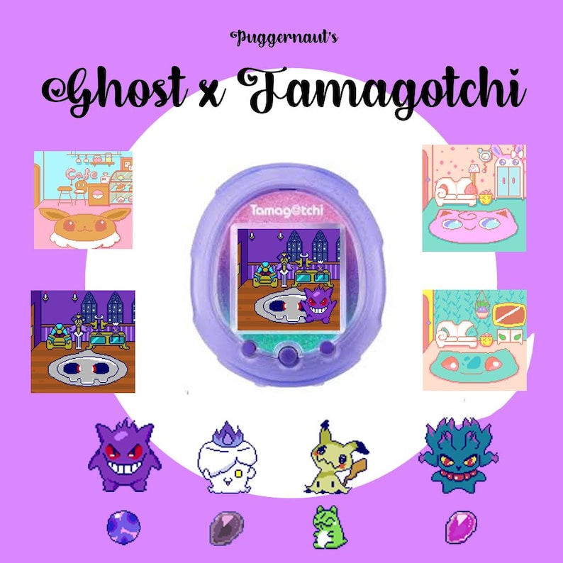 Puede incluir: Un dispositivo Tamagotchi morado con una pantalla que muestra una escena de dibujos animados con un personaje fantasma morado. La imagen incluye varios personajes de dibujos animados y el texto "Ghost x Tamagotchi".