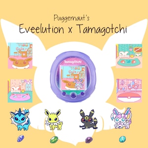 Könnte beinhalten: Ein lila Tamagotchi-Digitalhaustier mit einem Bildschirm, der eine Cafészene mit einem Eevee-Charakter zeigt. Das Bild zeigt Pixelkunst von Eeveelutions und den Text "Puggernaut's Eeveelution x Tamagotchi" auf gelbem Hintergrund.