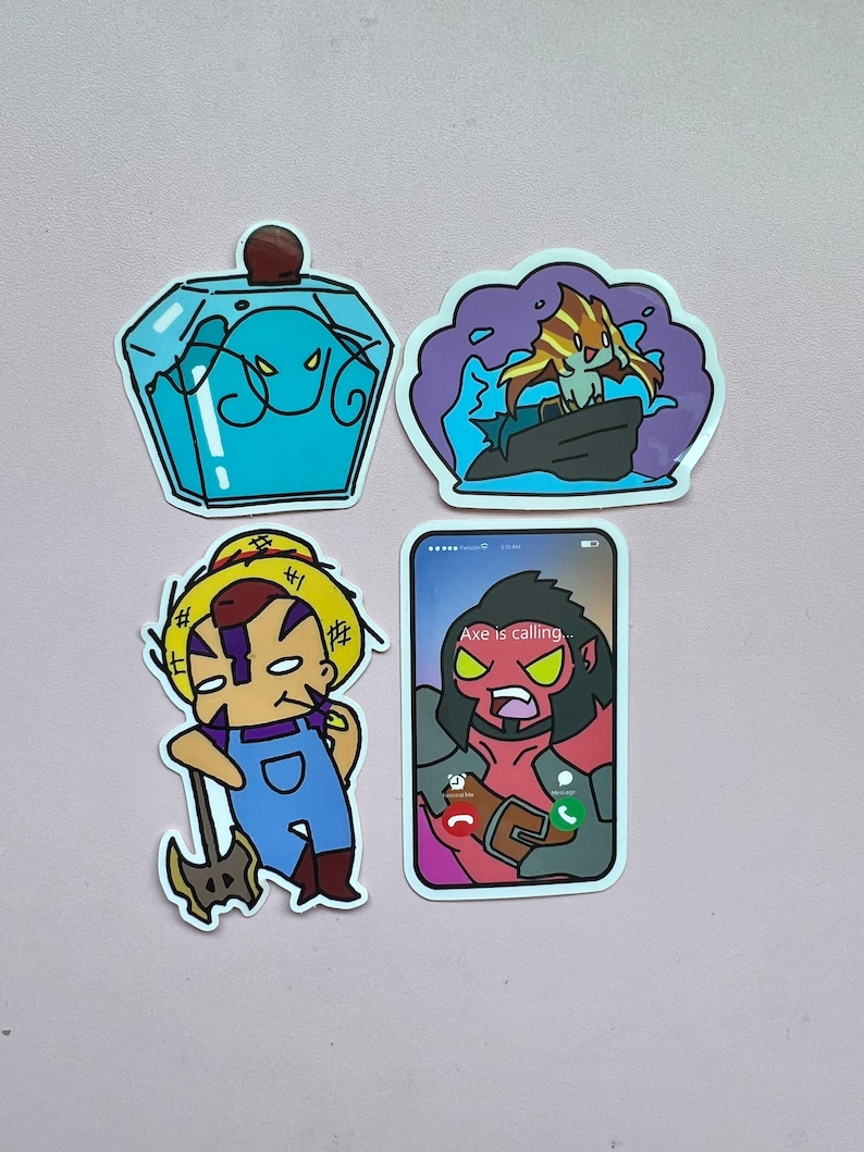 May include: Set of four cartoon stickers. One sticker features a blue potion bottle with a face, another shows a creature emerging from water, a third depicts a farmer with an axe, and the last shows a phone screen with the text "Axe is calling..."