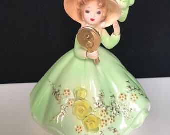 RARE Vintage Josef Originals Figurine  “My Glamorous Aunt” from the “People I love Series” Green dress and Hat holding gold mirror