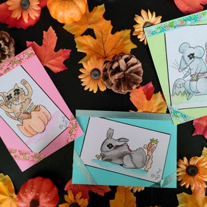 Lot de 3 cartes Halloween animaux zombies - aquarelle - original