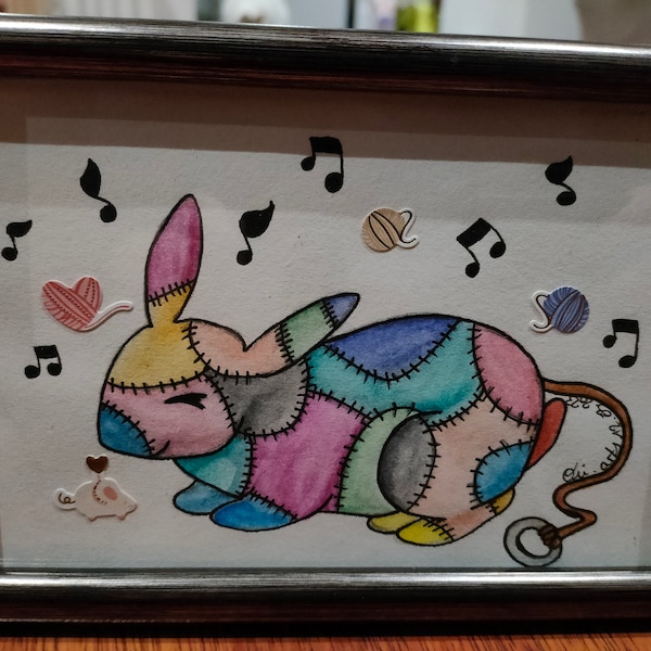 Patchwork musical rabbit - Watercolor 10x15 - Original