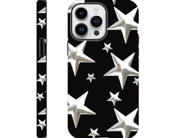 May include: A black phone case with a silver star pattern. The case has a cutout for the camera lens.