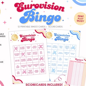 May include: Printable Eurovision Bingo game with two color versions, featuring the text "Eurovision Bingo 2026". Includes 12 bingo cards, scorecards, and is available in A4 and A5 sizes. The design has a retro disco ball and star theme.