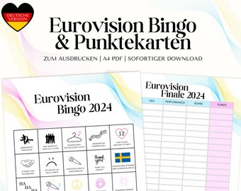 Eurovision Song Contest 2024 Bingo & Punktekarten zum Ausdrucken auf Deutsch - Eurovision Party - Sofortiger Download - A4 PDF Format