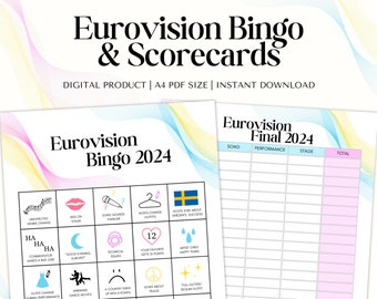 Eurovisión 2024 Bingo y cuadros de mando - Bingo de Eurovisión imprimible - Cuadros de mando de Eurovisión - Fiesta de Eurovisión - Descarga instantánea - A4 PDF