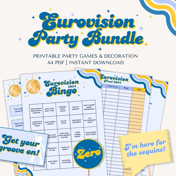 Paquete de fiesta de Eurovisión 2024 imprimible - Juegos de fiesta de Eurovisión - Bingo de Eurovisión - Festival de la Canción de Eurovisión - Descarga instantánea