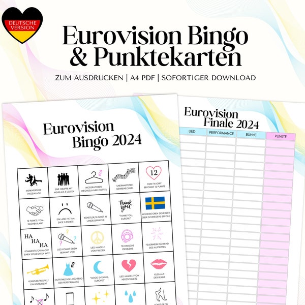 Eurovision Song Contest 2024 Bingo & Punktekarten zum Ausdrucken auf Deutsch - Eurovision Party - Sofortiger Download - A4 PDF Format