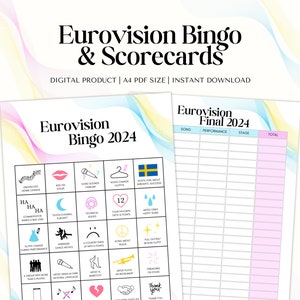 Eurovision 2024 Bingo and Scorecards - Printable Eurovision Bingo - Eurovision Scorecards - Eurovision Party - Instant Download - A4 PDF