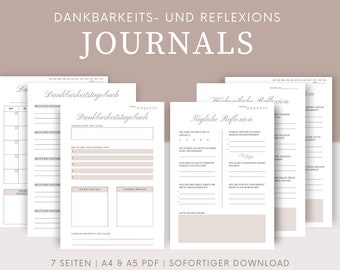Dankbarkeits- und Reflexionsjournal Bundle Vorlagen zum Ausdrucken | Tägliche Reflexion | Digitales Dankbarkeitstagebuch | A4 & A5 PDF