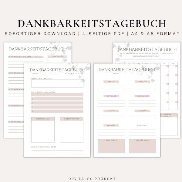 Dankbarkeitstagebuch zum Ausdrucken - Dankbarkeitstagebuch Vorlage - Sofortiger Download - A4 & A5 PDF Format - Achtsamkeit - Wohlbefinden