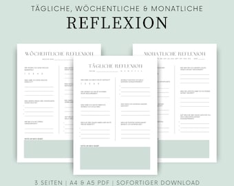 Tägliche Reflexion | Wöchentliche Reflexion | Monatliche Reflexion | Reflexionsjournal Vorlage | Selbstreflexion | Sofortiger Download