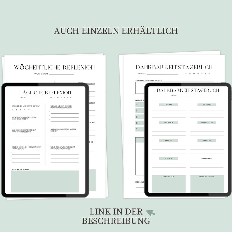May include: Two printable digital planner pages for a daily and weekly reflection journal. The pages are designed in a minimalist style with a light green background and black text. The first page is titled "Daily Reflection" and includes prompts for reflecting on the day. The second page is titled "Weekly Reflection" and includes prompts for reflecting on the week.