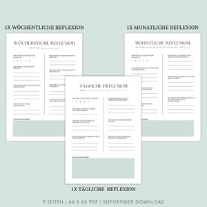 May include: A printable PDF download of seven pages of reflection journal prompts in German. The pages are titled "W&ouml;chentliche Reflexion", "Monatliche Reflexion", and "T&auml;gliche Reflexion".
