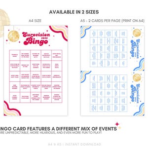 May include: A printable Eurovision Bingo game in two sizes, A4 and A5. The bingo cards feature a colorful design with the text "Eurovision Bingo" and a disco ball graphic. Each card includes a different mix of events.