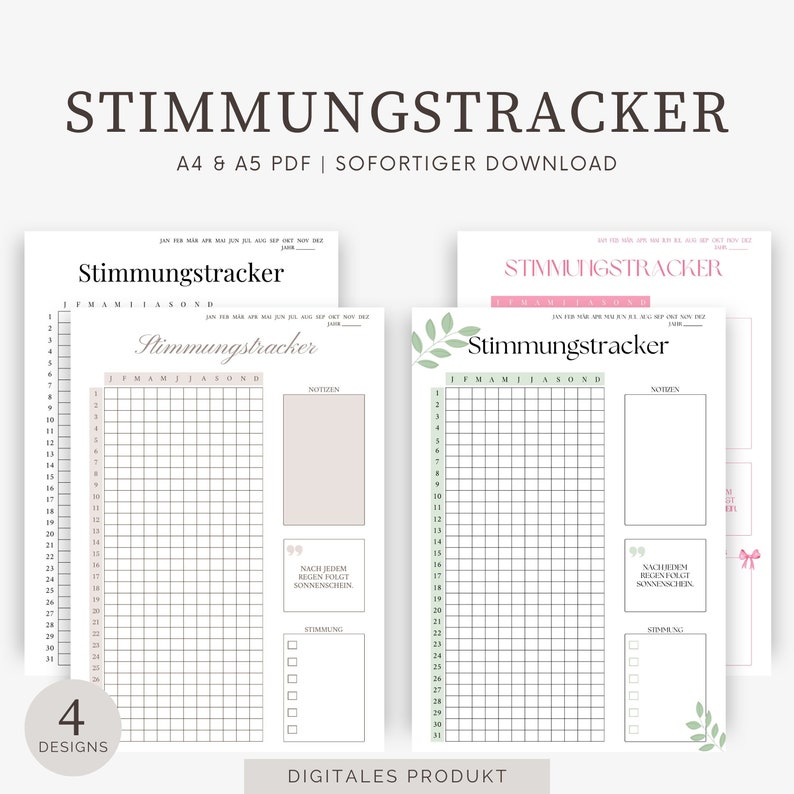May include: Two printable mood tracker templates in A4 and A5 sizes. Each template features a grid for tracking mood daily, with a section for notes and a space to rate mood. One template has a light pink background with a quote about sunshine, the other has a light green background with a leafy branch design.