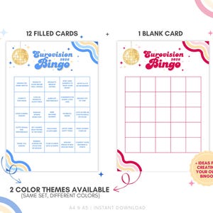 May include: A printable Eurovision Bingo game with two color themes. The design features a disco ball and the text "Eurovision Bingo 2020". Includes 12 filled cards and 1 blank card. A4 & A5 instant download.