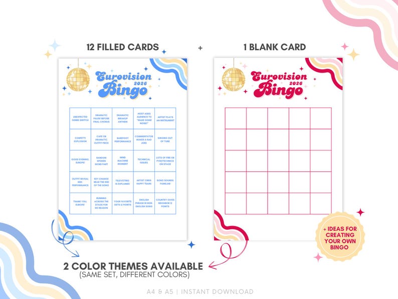 May include: A printable Eurovision Bingo game with two color themes. The design features a disco ball and the text "Eurovision Bingo 2020". Includes 12 filled cards and 1 blank card. A4 & A5 instant download.