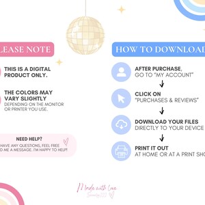 May include: A digital product information graphic with pink, blue, and yellow accents. The graphic includes instructions on how to download the product, with icons and text. It also notes that the product is digital and colors may vary.