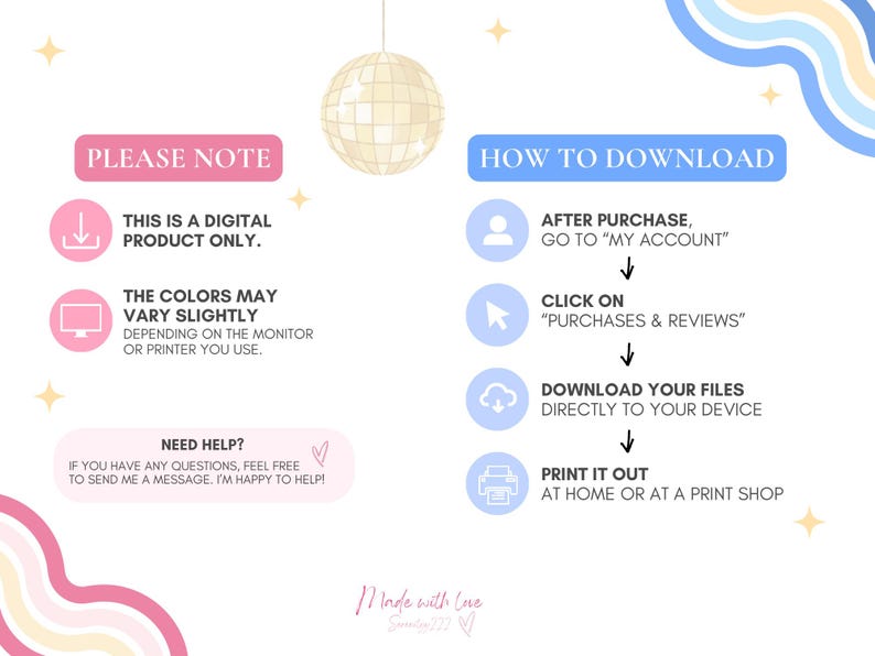 May include: A digital product information graphic with pink, blue, and yellow accents. The graphic includes instructions on how to download the product, with icons and text. It also notes that the product is digital and colors may vary.
