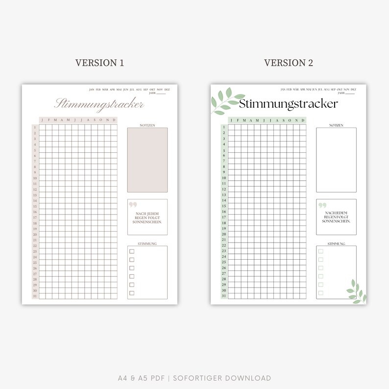 May include: Two printable mood tracker templates. The first template is a simple grid with a space for notes. The second template has a similar grid with a leafy design and a quote that says "After every rain, there is sunshine".