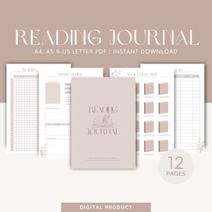 Diario de lectura digital / Diario de lectura imprimible / Diario de lectura / Reseña de libros / Rastreador de lectura / Registro de lectura / Formatos A4, A5 y carta de EE. UU.