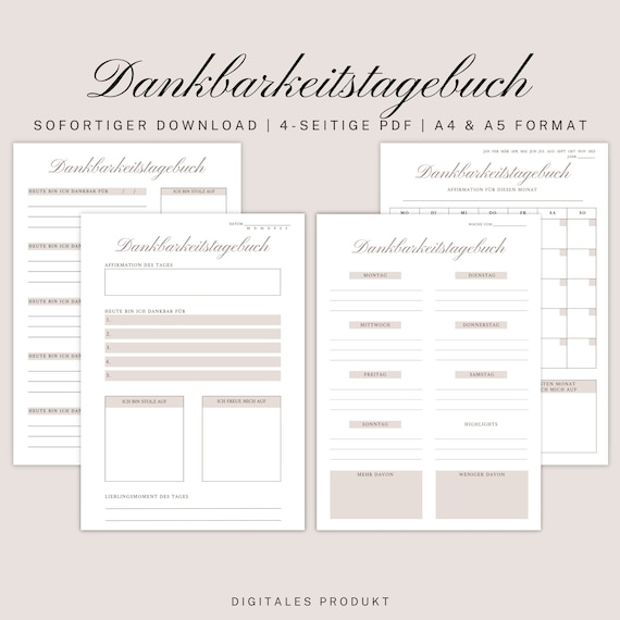 Dankbarkeitstagebuch zum Ausdrucken - Dankbarkeitstagebuch Vorlage - Sofortiger Download - A4 & A5 PDF Format - Achtsamkeit - Wohlbefinden