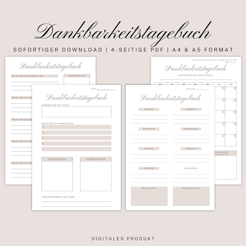 K&ouml;nnte beinhalten: Ein druckbares Dankbarkeitstagebuch mit vier Seiten, darunter ein Abschnitt f&uuml;r t&auml;gliche Affirmationen, eine Liste von Dingen, f&uuml;r die man dankbar ist, und ein Monatskalender. Das Tagebuch ist im minimalistischen Stil mit hellbraunem Hintergrund und schwarzem Text gestaltet.