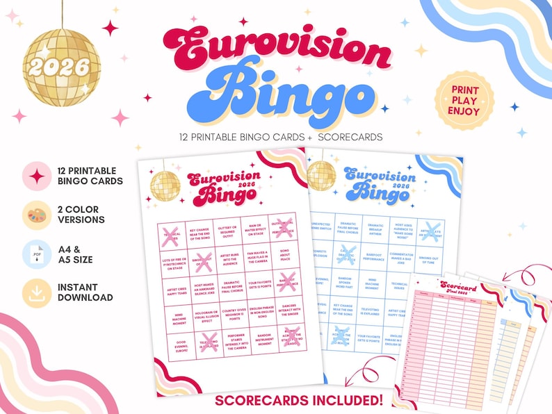 May include: Printable Eurovision Bingo game with two color versions, featuring the text "Eurovision Bingo 2026". Includes 12 bingo cards, scorecards, and is available in A4 and A5 sizes. The design has a retro disco ball and star theme.