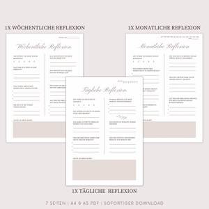 May include: A printable PDF worksheet with three sections: Weekly Reflection, Monthly Reflection, and Daily Reflection. Each section has a series of questions to help you reflect on your week, month, and day. The worksheet is designed to help you track your progress and set goals.
