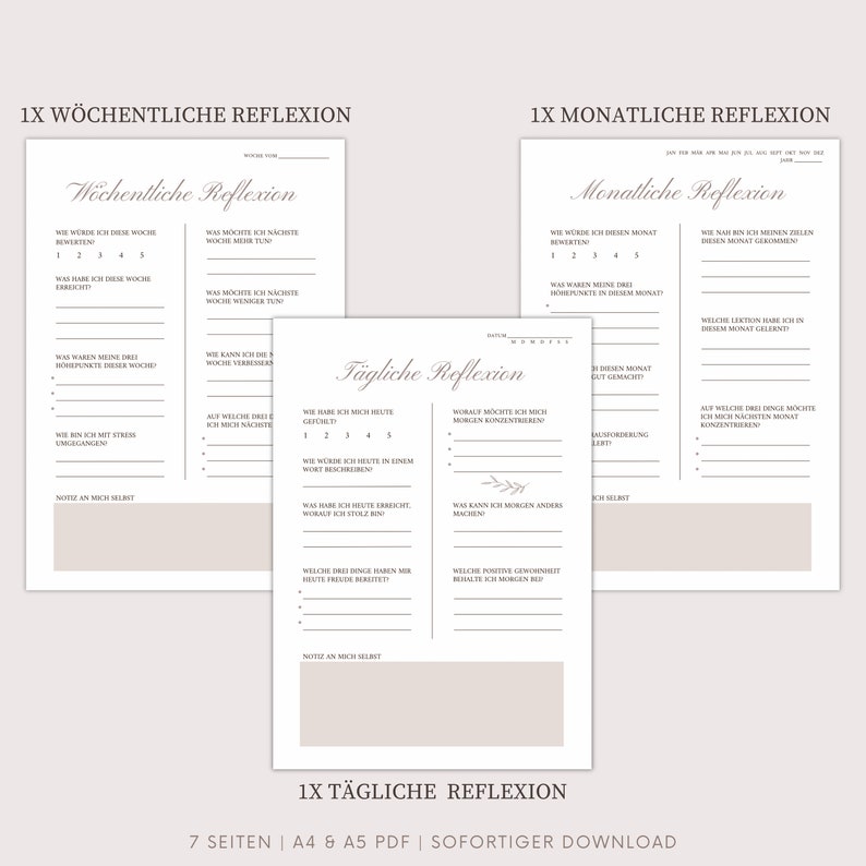 May include: A printable PDF worksheet with three sections: Weekly Reflection, Monthly Reflection, and Daily Reflection. Each section has a series of questions to help you reflect on your week, month, and day. The worksheet is designed to help you track your progress and set goals.