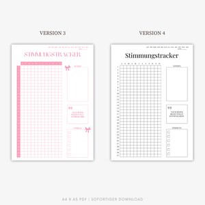 May include: Two printable mood tracker templates in black and white and pink. The templates feature a grid for each month of the year and a space for notes. The text on the templates reads "Stimmungs tracker" which translates to "mood tracker".