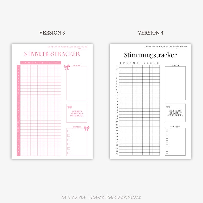 May include: Two printable mood tracker templates in black and white and pink. The templates feature a grid for each month of the year and a space for notes. The text on the templates reads "Stimmungs tracker" which translates to "mood tracker".