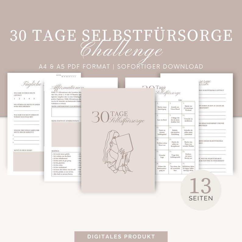 May include: A printable 30-day self-care challenge in German. The cover features a woman reading a book with the text "30 Tage Selbstf&uuml;rsorge" in a pink and white color scheme.