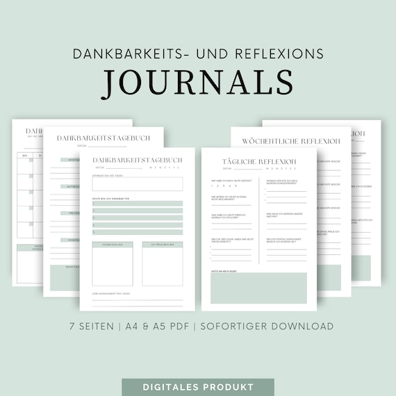 Dankbarkeits- und Reflexionsjournal Bundle zum Ausdrucken | Selbstreflexion | Digitales Dankbarkeitstagebuch | A4 & A5 PDF | Achtsamkeit