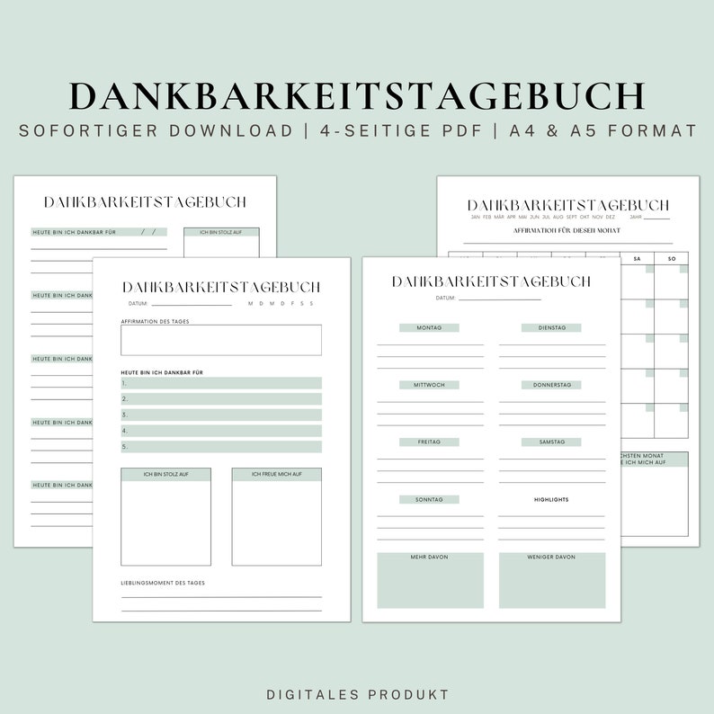 May include: A printable gratitude journal with four pages. The journal includes sections for daily affirmations, things you are grateful for, and a space to write down your favorite moment of the day. The journal also includes a monthly calendar to track your progress.