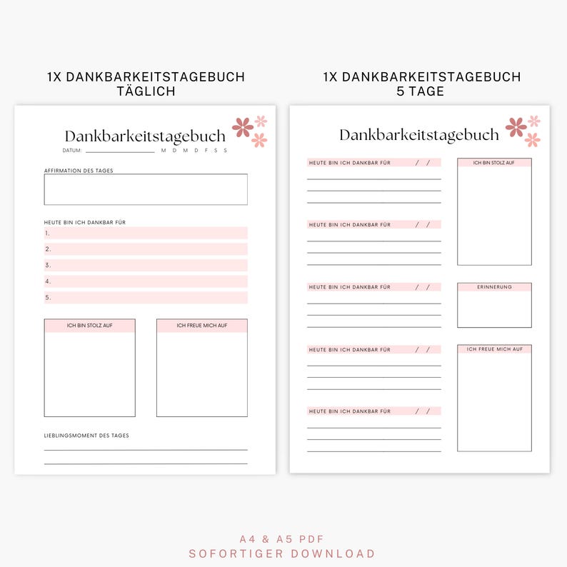 May include: Two printable gratitude journal pages. The left page is for daily entries, with sections for affirmations, gratitude, and reflections. The right page is for 5-day entries. Both pages feature pink floral accents and German text.
