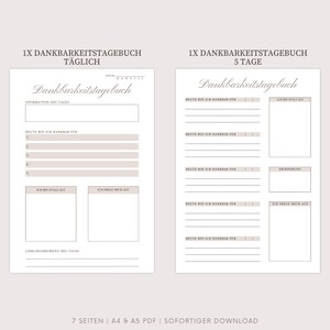 May include: Two printable pages for a gratitude journal. The left page is for daily entries and the right page is for entries over five days. Both pages have sections for affirmations, things you are grateful for, things you are proud of, and things you are looking forward to.