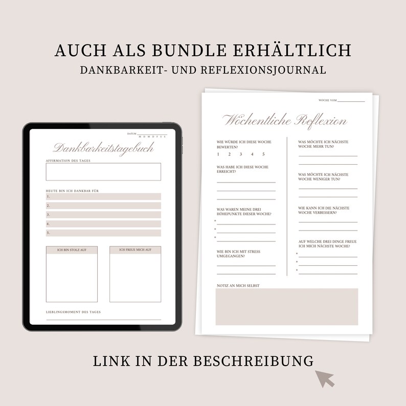 K&ouml;nnte beinhalten: Ein digitaler Planer mit zwei Seiten, eine f&uuml;r ein t&auml;gliches Dankbarkeitstagebuch und die andere f&uuml;r eine w&ouml;chentliche Reflexion. Die Seite des Dankbarkeitstagebuchs hat Abschnitte f&uuml;r Affirmationen, Dinge, f&uuml;r die man dankbar ist, und Lieblingsmomente des Tages. Die Seite der w&ouml;chentlichen Reflexion hat Abschnitte f&uuml;r die Bewertung der Woche, Errungenschaften, Dinge, die man mehr tun m&ouml;chte, Dinge, die man weniger tun m&ouml;chte, Highlights und Dinge, auf die man sich freuen kann.